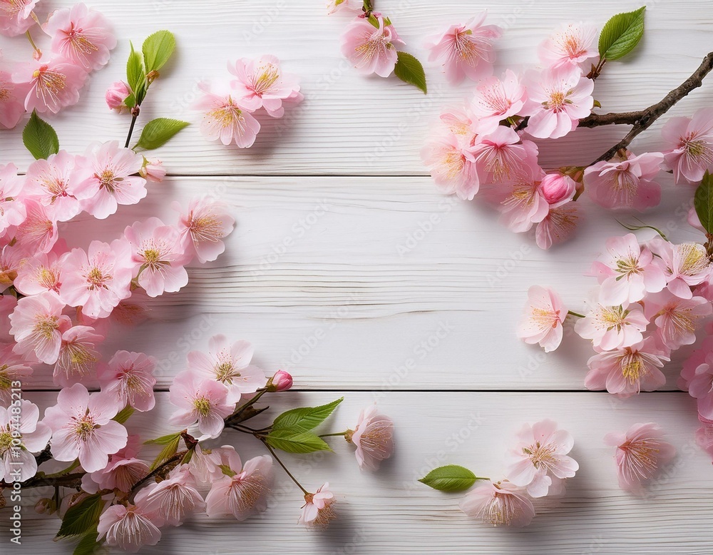 Top view of cherry branches with pink flowers on white wooden table Top view of cherry branches with pink flowers on white wooden table