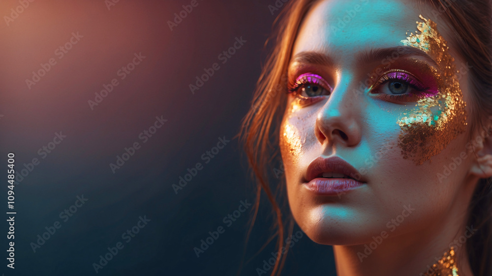 A close-up artistic shot of a model with bold gold glitter makeup evokes a sense of luxury and creativity. A close-up artistic shot of a model with bold gold glitter makeup evokes a sense of luxury and creativity.