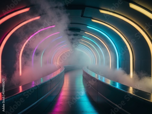 Futuristic Neon Corridor with Colorful LED Lights and Fog. photo