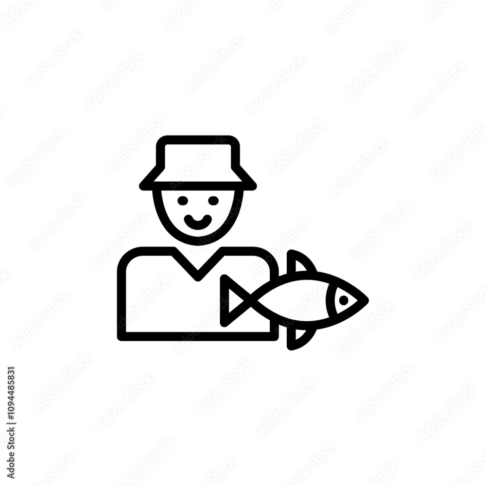 Fototapeta premium Fisherman with fish icon Black and white outline vector