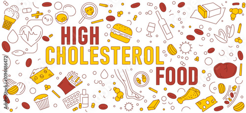 High cholesterol food. Medical web banner in outline style.