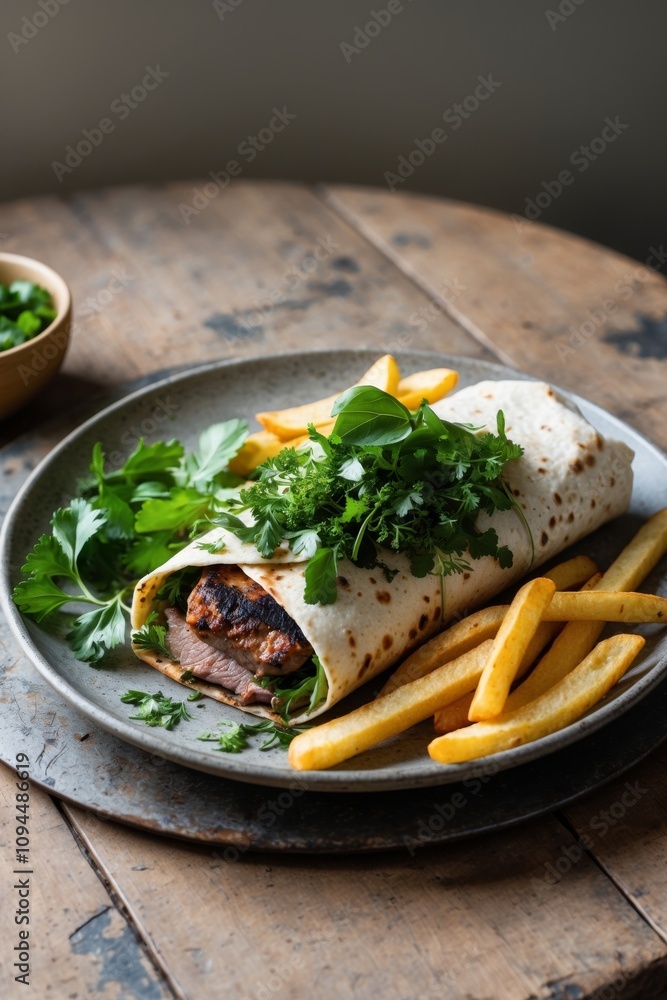 Grilled Meat Wrap with Fresh Herbs and Side of Fries on Rustic Wooden Table. Grilled Meat Wrap with Fresh Herbs and Side of Fries on Rustic Wooden Table.