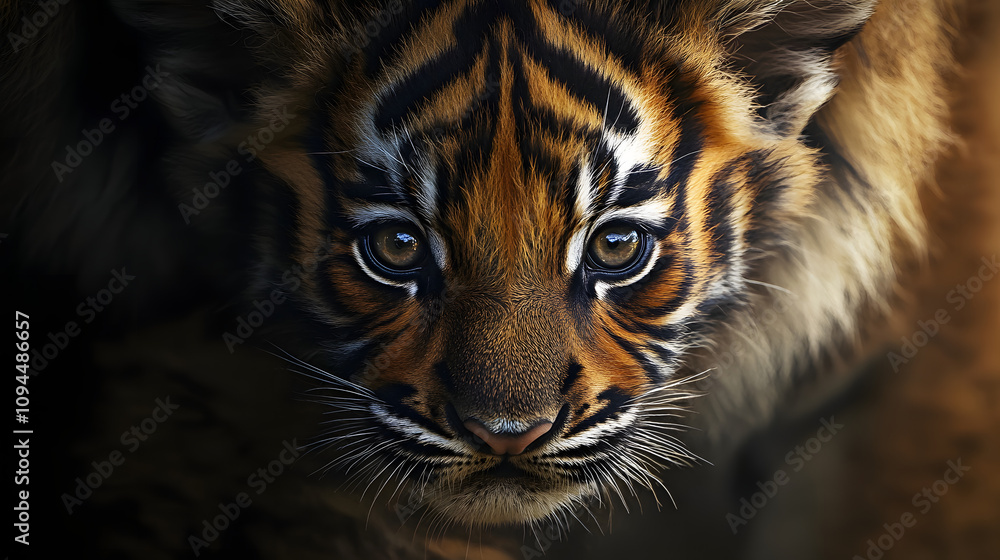 A tiger cub peeking from behind its mother its bright eyes filled with curiosity. A tiger cub peeking from behind its mother its bright eyes filled with curiosity.