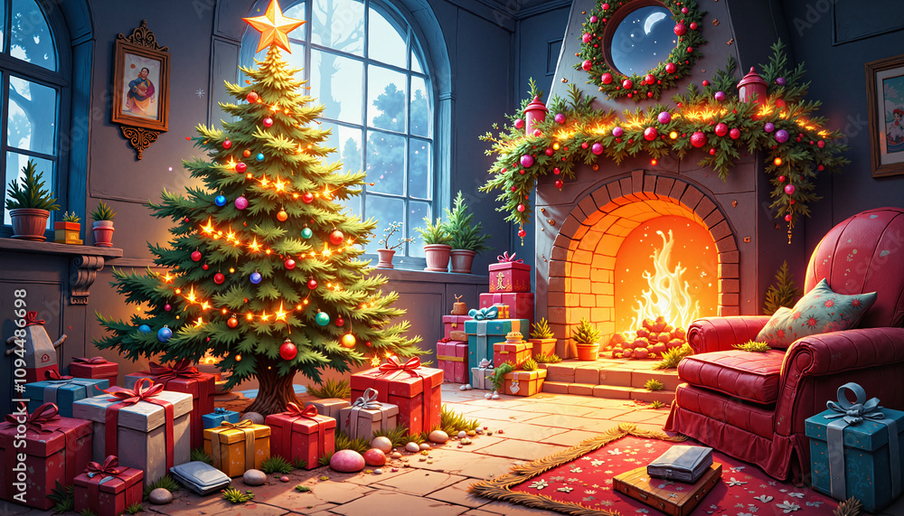 Fototapeta premium Cozy Christmas living room with tree, gifts, and fireplace