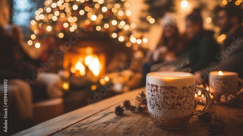 Cozy Christmas Gathering with Warm Drinks by the Fireplace