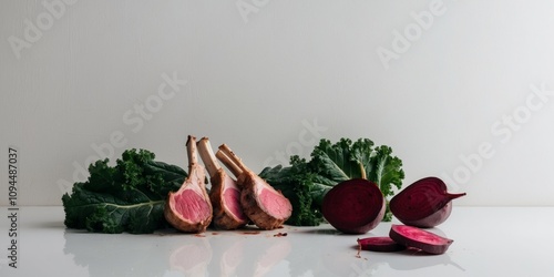 Grilled lamb chops with roasted beetroot and kale. photo