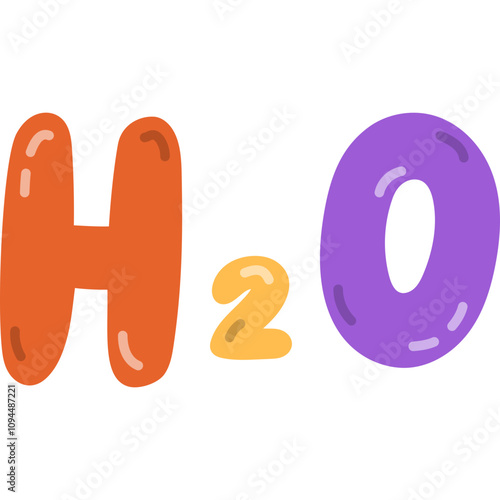 Cute cartoon chemical formula of H2O. Hand drawn lettering of water as sign of chemistry, science and medicine. Hand drawn clipart isolated on white.