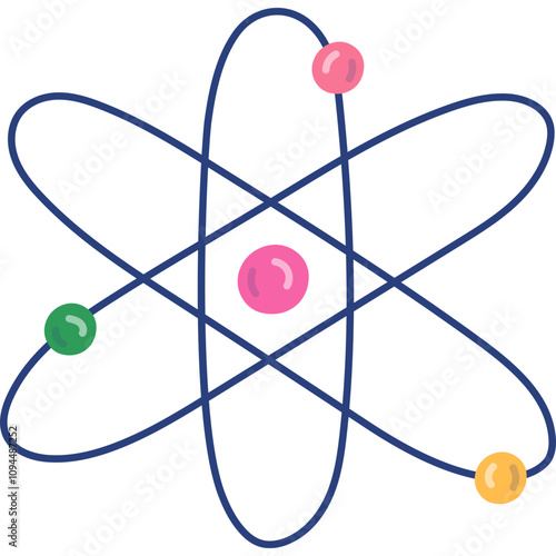 Cute cartoon atom diagram with neutron, proton, and electron. Hand drawn atomic structure as sign of science, physics, chemistry and nuclear model. Scientific clipart isolated on white background.