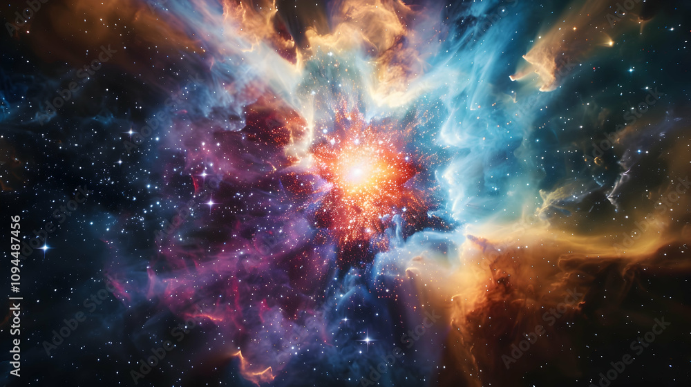 Supernova explosion casting brilliant light and colorful gases into the cosmos, with distant galaxies shimmering in the background