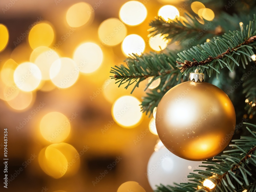 Golden ornament hangs on a Christmas tree surrounded by warm bokeh lights during holiday season celebration Golden ornament hangs on a Christmas tree surrounded by warm bokeh lights during holiday season celebration
