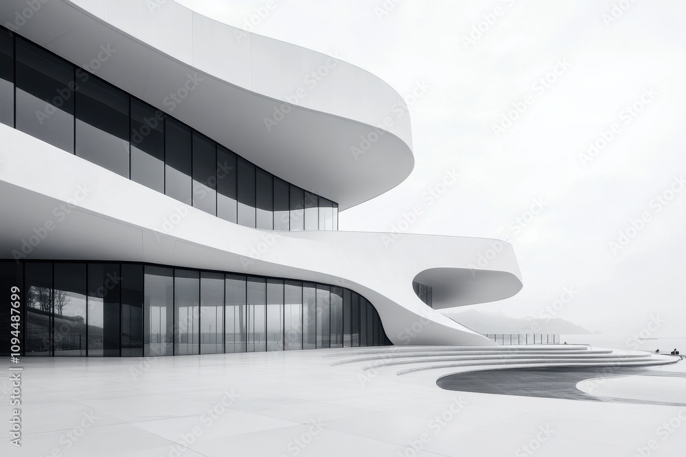 Modern architectural structure with sweeping curves and large glass windows. Modern architectural structure with sweeping curves and large glass windows.