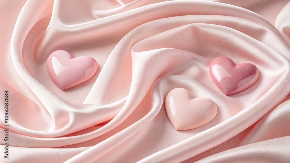 Obraz premium Elegant pink silk fabric with heart-shaped glossy stones for romantic decor