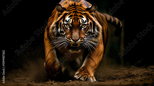 A tiger mid-hunt crouched low with its intense eyes fixed on unseen prey. photo