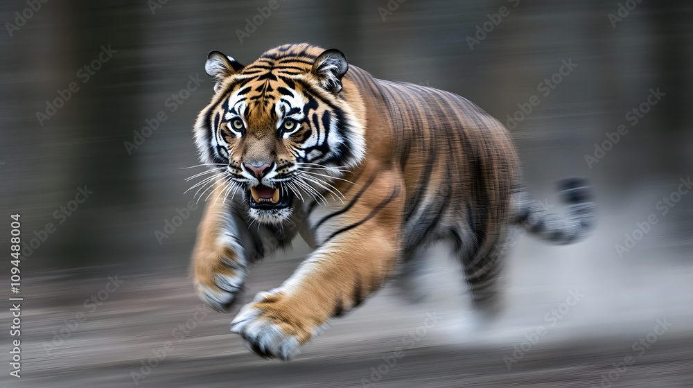 Obraz premium A tiger mid-pounce in a forest clearing its eyes focused and determined.