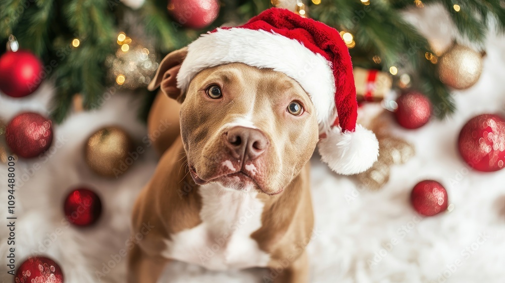 Adorable Dog in Santa Hat Surrounded by Festive Christmas Decorations and Ornaments Captured in a Warm Holiday Atmosphere Perfect for Seasonal Celebrations Adorable Dog in Santa Hat Surrounded by Festive Christmas Decorations and Ornaments Captured in a Warm Holiday Atmosphere Perfect for Seasonal Celebrations