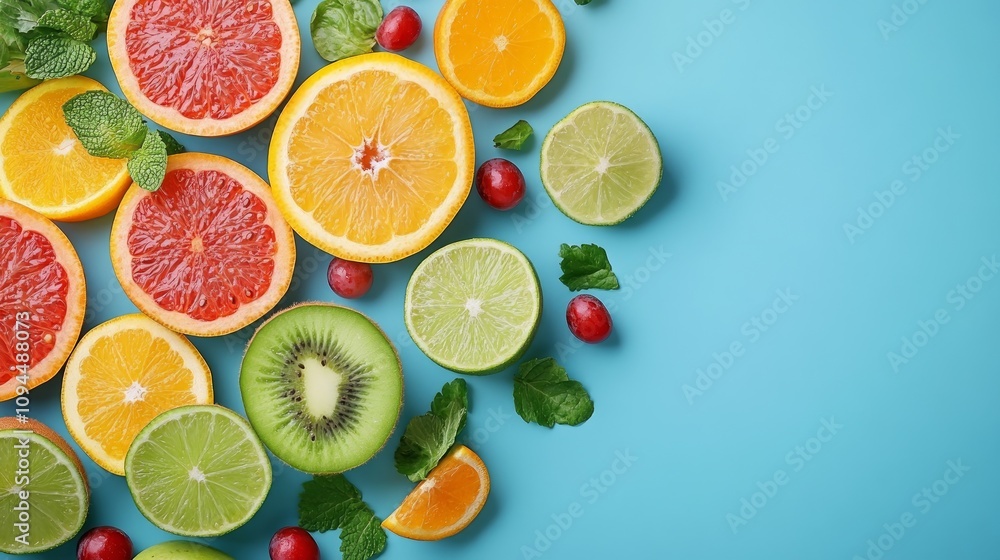 Colorful citrus fruits, kiwi, grapes, and mint leaves arranged on a blue background. Colorful citrus fruits, kiwi, grapes, and mint leaves arranged on a blue background.