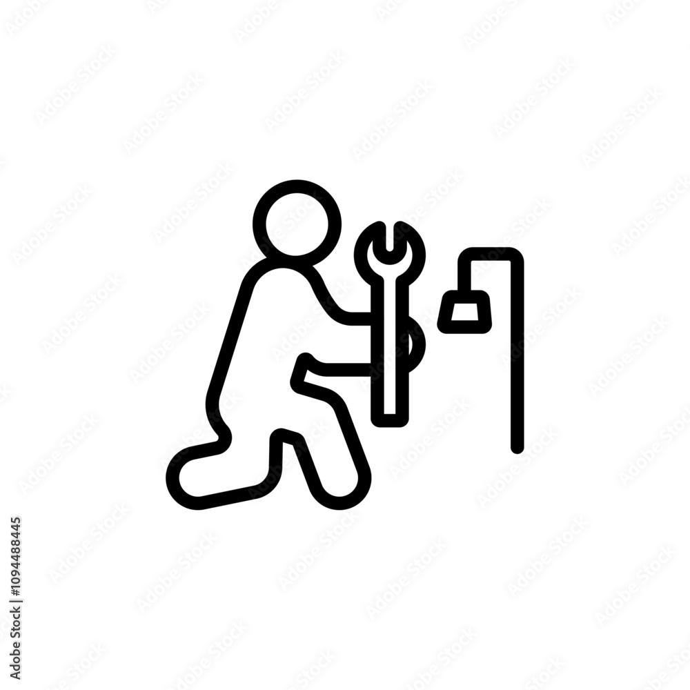 Plumber repairing pipe icon Black and white outline vector Plumber repairing pipe icon Black and white outline vector
