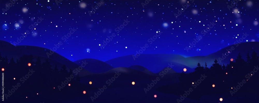 Naklejka premium Starry night sky illuminating tranquil mountains with twinkling stars and soft glowing lights