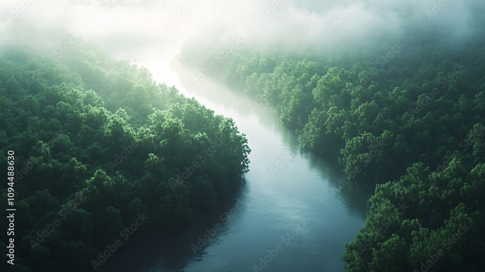 Enchanted Forest: Serene River Flowing Through Misty Woods in 3D Render Enchanted Forest: Serene River Flowing Through Misty Woods in 3D Render