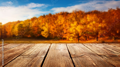 Leerer Holztisch mit Herbstlandschaft als Hintergrund photo