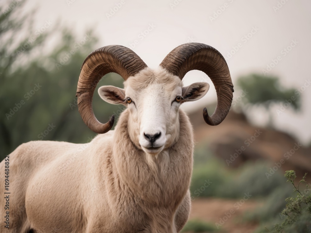 Majestic ram with curled horns in nature. Majestic ram with curled horns in nature.
