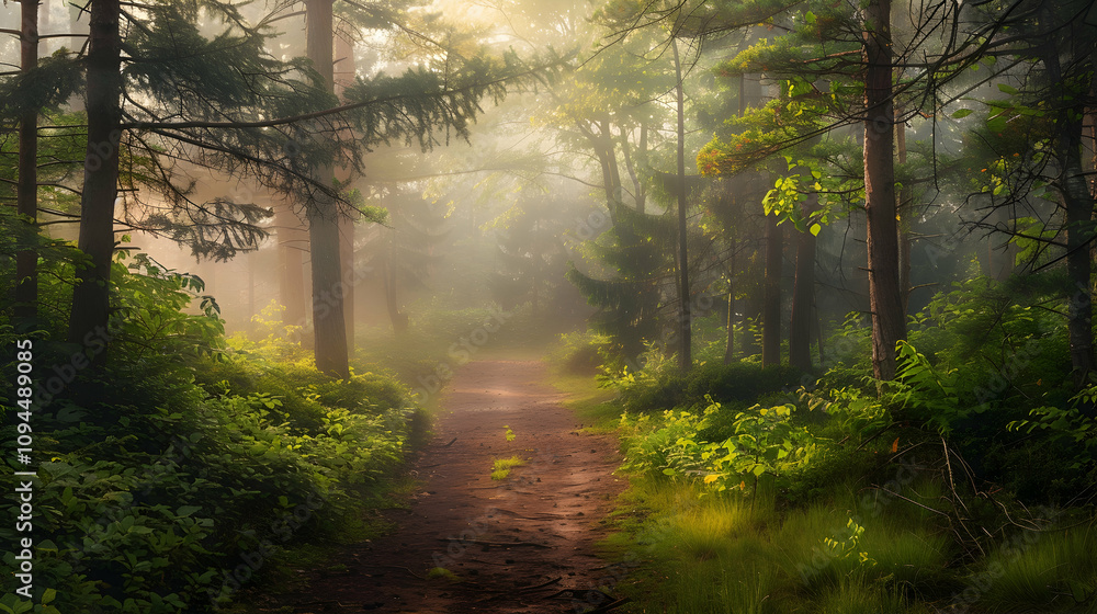 Tranquil forest paths bathed in morning mist, nature photography Tranquil forest paths bathed in morning mist, nature photography