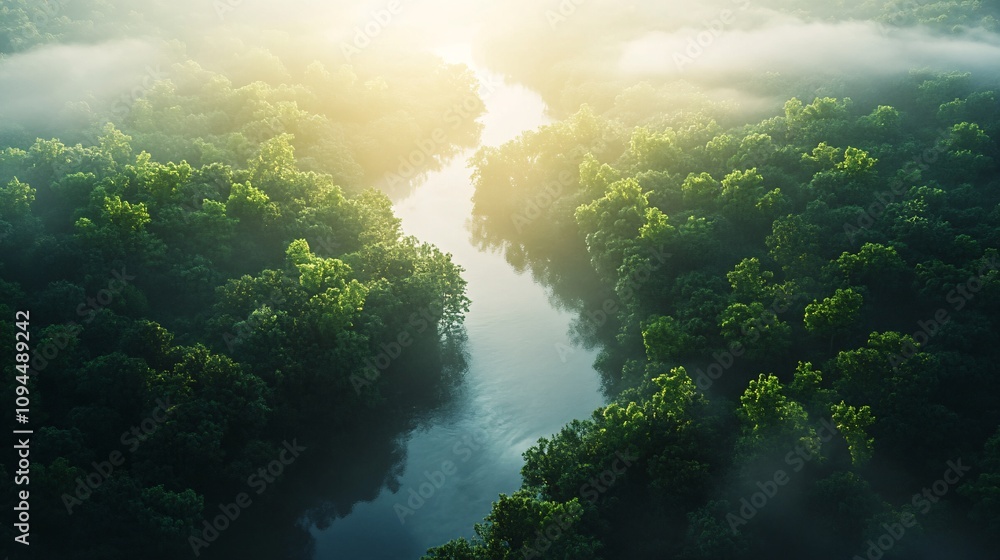 Enchanted Forest: Serene River Flowing Through Misty Woods in 3D Render Enchanted Forest: Serene River Flowing Through Misty Woods in 3D Render
