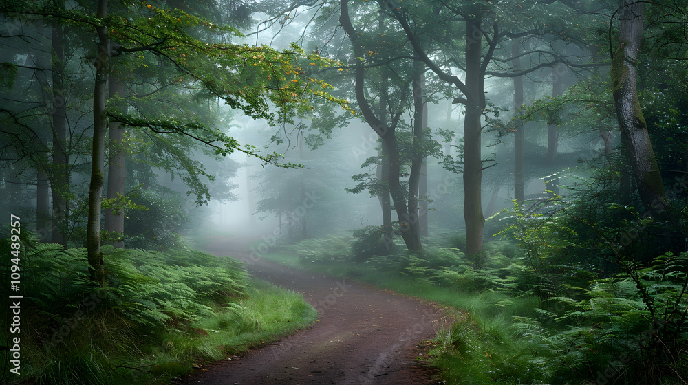 Fototapeta premium Tranquil forest paths bathed in morning mist, nature photography