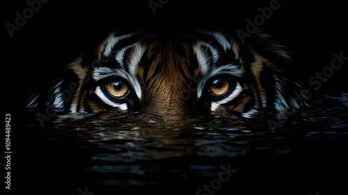 A tigers face partially submerged in water its intense eyes watching from above the surface. photo