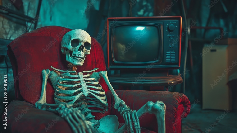Skeleton watching retro TV from armchair Skeleton watching retro TV from armchair