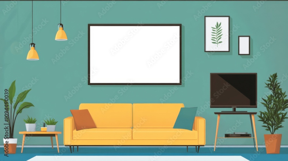 Modern living room interior with a sofa, TV, and blank poster frame displayed Modern living room interior with a sofa, TV, and blank poster frame displayed