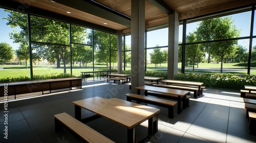 Stylish restaurant setting with concrete floors, wooden furniture, and large windows illuminated by warm natural light and greenery