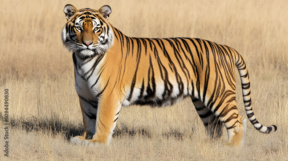 A tiger standing in a golden meadow at sunset its piercing eyes glowing in the warm light. A tiger standing in a golden meadow at sunset its piercing eyes glowing in the warm light.