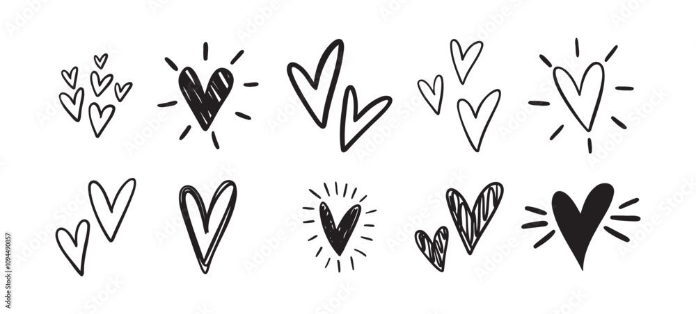 Charming hearts set. Hand Drawn Heart Doodle. Drawing outline hearts Convey Love, Affection And Creativity Charming hearts set. Hand Drawn Heart Doodle. Drawing outline hearts Convey Love, Affection And Creativity