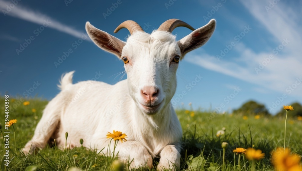 A charming white goat gazes curiously into the camera while lounging on lush green grass under a sunny sky. A charming white goat gazes curiously into the camera while lounging on lush green grass under a sunny sky.