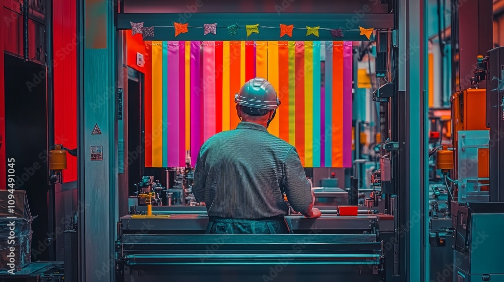 A Worker in a Printing Plant Looking at a Wall of Color Swatch Strips A Worker in a Printing Plant Looking at a Wall of Color Swatch Strips