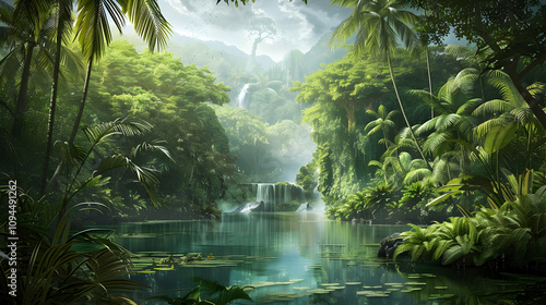 Tropical jungle oasis: Stunning landscapes amid a lush green canopy of exotic flora and fauna