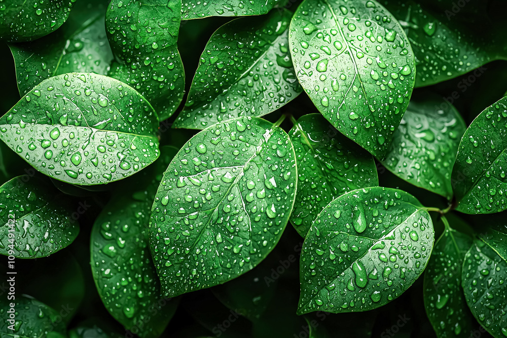 Obraz premium Close up of a leafy green plant with droplets of water on it. Concept of freshness and vitality, as the leaves are vibrant and the water droplets add a touch of natural beauty