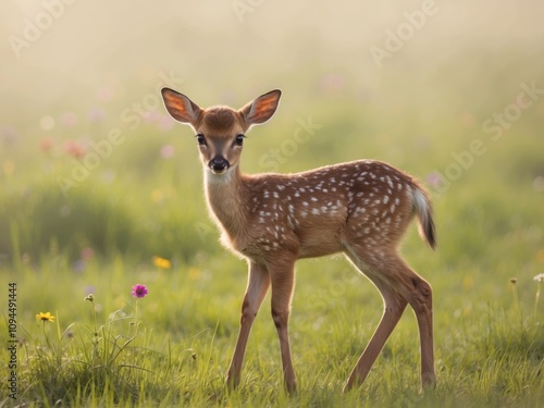 A Fawn with White Spots Stands in a Meadow of Green Grass and Wildflowers.