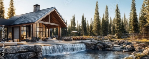 Modern cabin by a serene waterfall in a forested landscape.