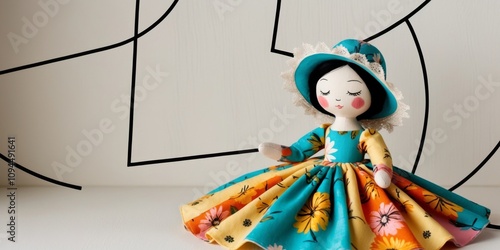 Beautiful handmade doll wearing a colorful dress and hat posing. photo