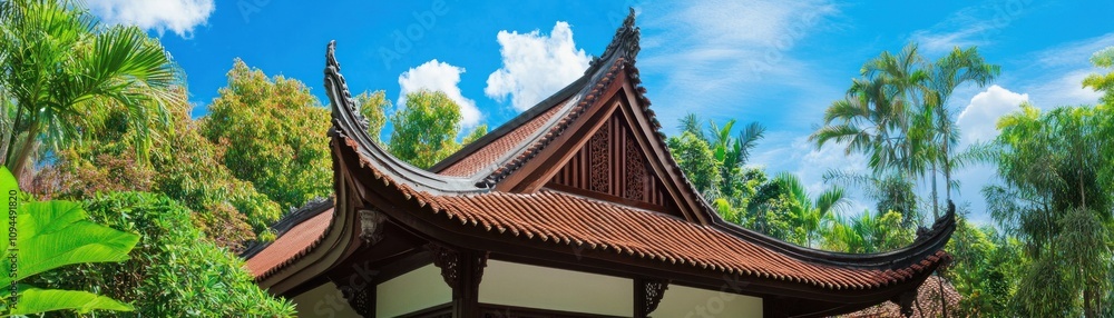 A traditional Asian-style building surrounded by lush greenery and blue skies. A traditional Asian-style building surrounded by lush greenery and blue skies.