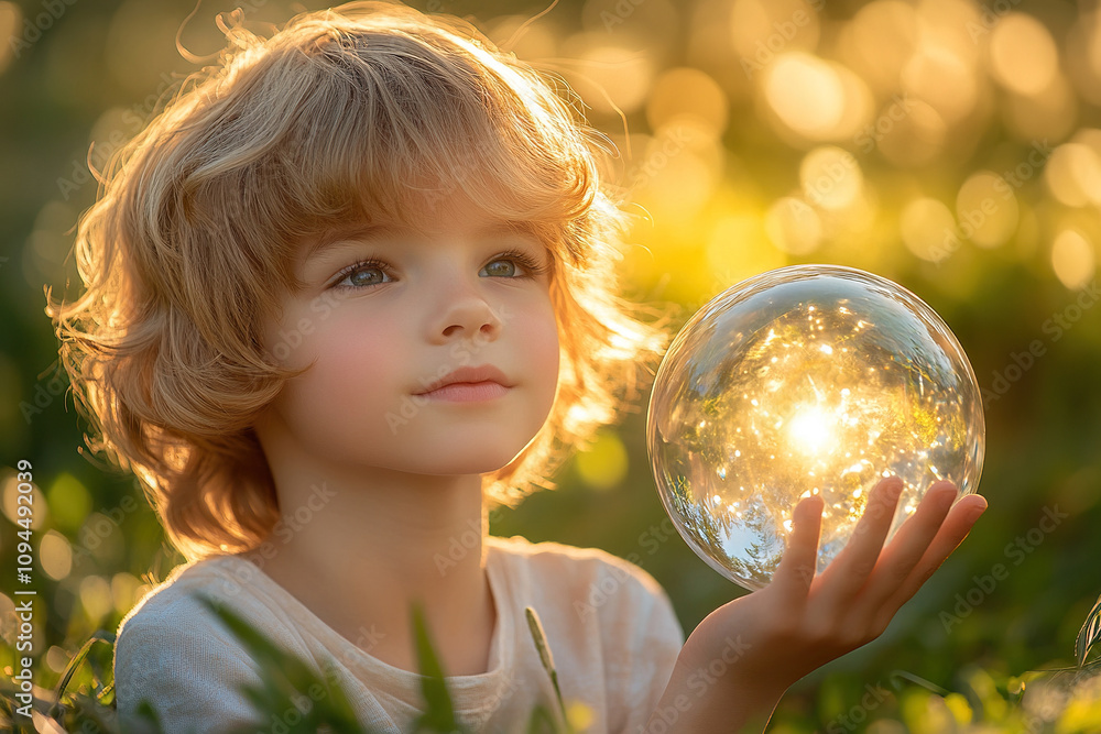 Naklejka premium Boy holding transparent crystal ball against natural greenery and sun rays. Environmental conservation concept