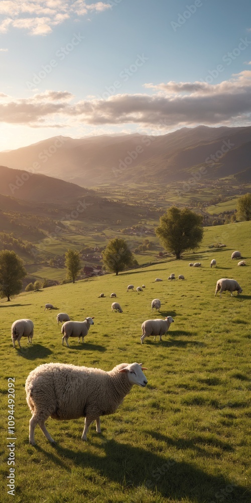 Obraz premium Sheep flock grazing in mountains on green grass meadow