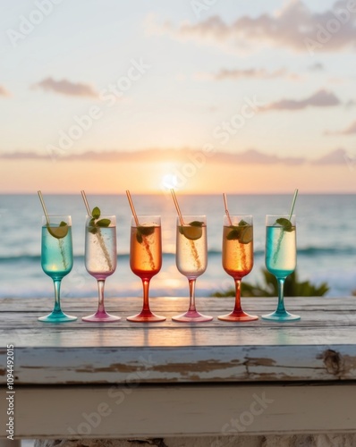 Sparkling Summer Drinks Iridescent Glasses Ocean Sunset. photo