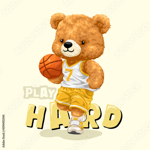 Basketball Teddy Bear in Yellow Jersey with "Play Hard" Text