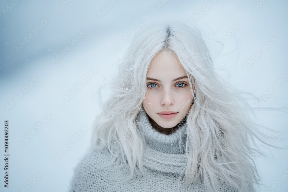 Beautiful young woman with platinum blonde hair and blue eyes in winter snow with falling snowflakes Beautiful young woman with platinum blonde hair and blue eyes in winter snow with falling snowflakes
