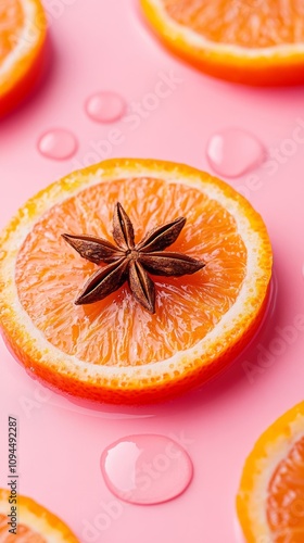 Close-up of sbiten with orange slice and star anise floating on a pink background Herbal and festive drink perfect for winter themes  photo