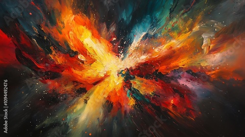 Abstract Painting of a Fiery Explosion in a Cosmic Landscape. AI Generated