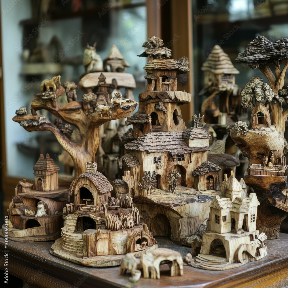 Fototapeta premium Intricate wooden village, miniature houses, carved trees.